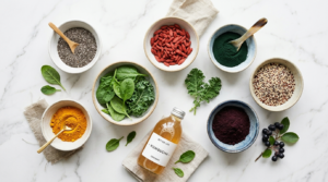 Superfoods w ceramicznych miseczkach i butelka kombuchy na białym tle.