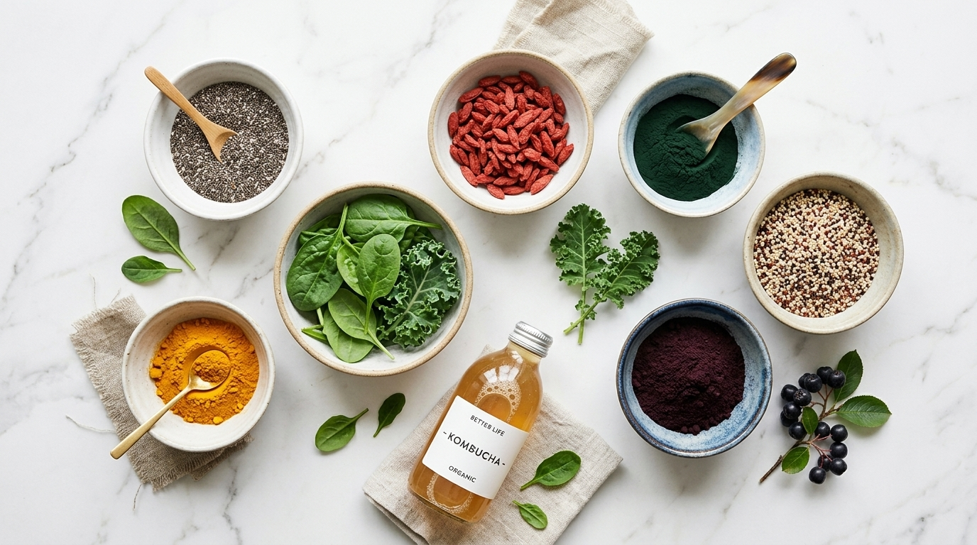 Superfoods w ceramicznych miseczkach i butelka kombuchy na białym tle.