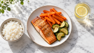 Dieta przy SIBO – lekkostrawny posiłek low FODMAP z ryżem, łososiem i warzywami
